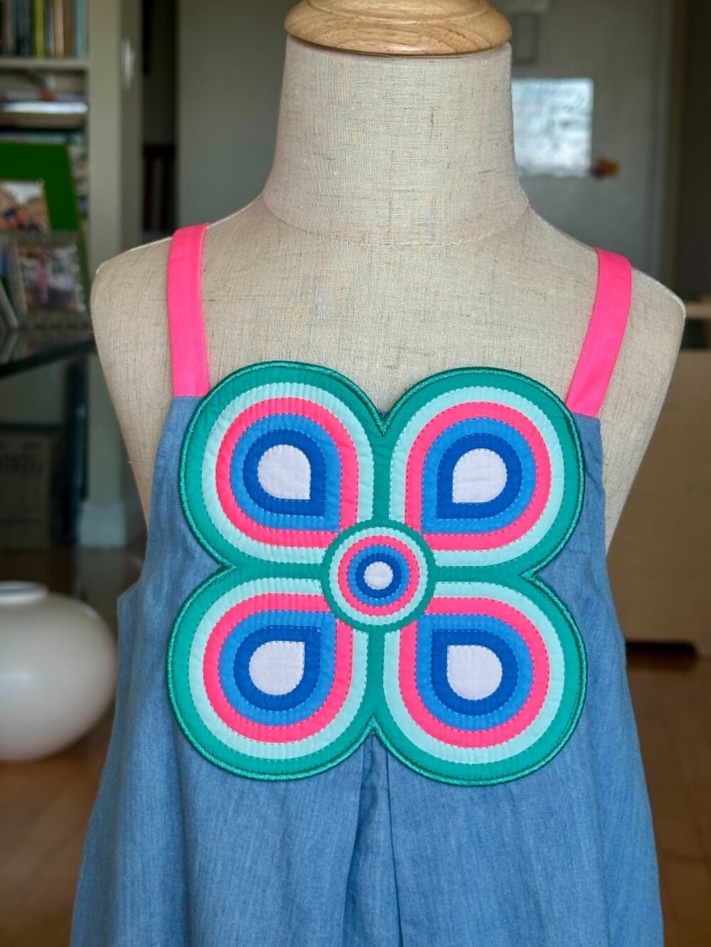 Jacadi Paris Girls Blue Cotton Sundress 6A | Colorful Flower Appliqué